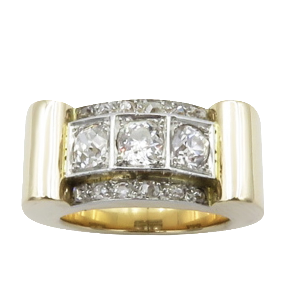 Bague Tank vers 1950 en or 18k et platine avec diamants . Taille 56 .